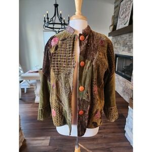 Alexandria Pierce Patchwork Boho Velvet Floral Jacket‎ Mandarin Collar Medium